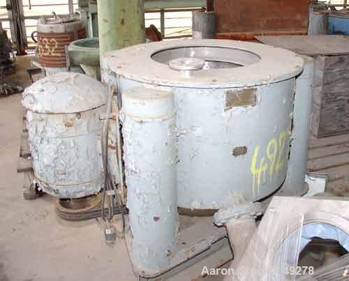 USED:Tolhurst 30" x 17" perforated basket centrifuge, 316 stainless steel. Max bowl speed 1400 rpm. Top load, top unload, tri-pod suspension system, approximate 5 hp two speed drive motor, manual bra...