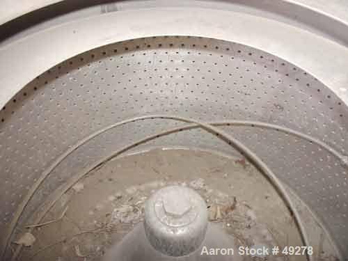 USED:Tolhurst 30" x 17" perforated basket centrifuge, 316 stainless steel. Max bowl speed 1400 rpm. Top load, top unload, tri-pod suspension system, approximate 5 hp two speed drive motor, manual bra...