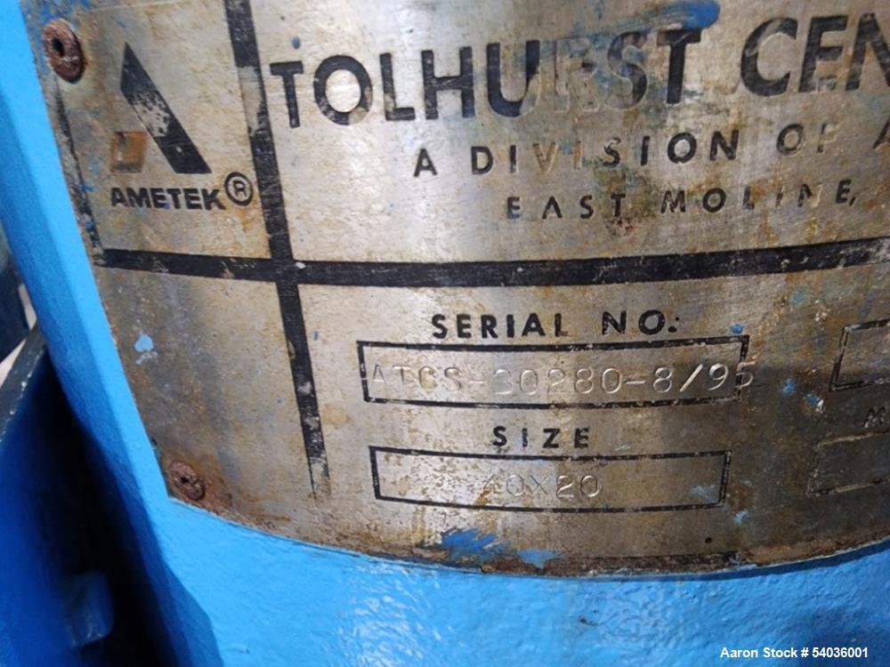 Used Tolhurst 40" x 20" Stainless Steel Perforated Basket Centrifuge – Top Unload, 15 HP Drive