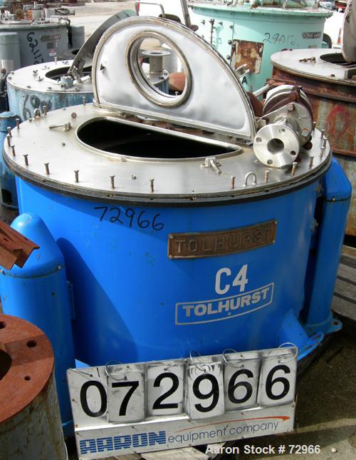 USED: Tolhurst 40" x 18" perforated basket centrifuge. Halar coated curb housing and basket, stainless steel top cover with door, top load, top unload. Max bowl speed 900 rpm, tri-pod suspension. 5 h...