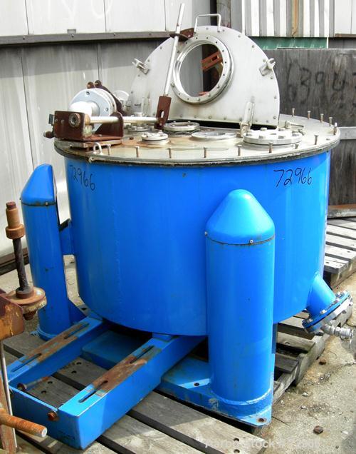 USED: Tolhurst 40" x 18" perforated basket centrifuge. Halar coated curb housing and basket, stainless steel top cover with door, top load, top unload. Max bowl speed 900 rpm, tri-pod suspension. 5 h...