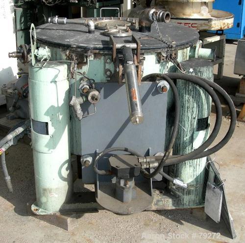 Used Tolhurst 30" x 17" Perforated Basket Centrifuge, Stainless Steel Construction with Haylar Coated Product Contact Areas. Max bowl speed 1360 RPM, top load, top unload, tri-pod suspension system, ...