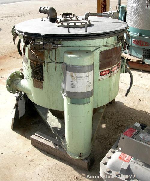 Used Tolhurst 30" x 17" Perforated Basket Centrifuge, Stainless Steel Construction with Haylar Coated Product Contact Areas. Max bowl speed 1360 RPM, top load, top unload, tri-pod suspension system, ...