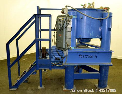 Used Tolhurst 30" x 17" Perforated Basket Centrifuge. 316 Stainless steel construction on product contact areas. Approximate maximum bowl speed 1360 RPM, top load, top unload, tri-pod suspension syst...