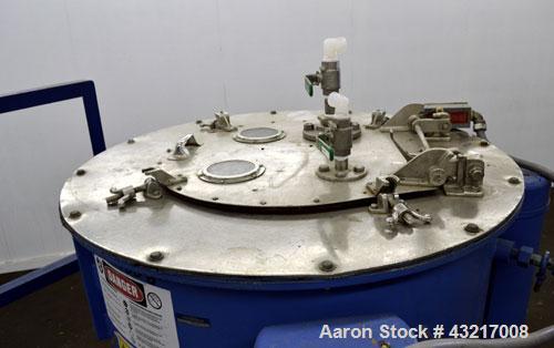 Used Tolhurst 30" x 17" Perforated Basket Centrifuge. 316 Stainless steel construction on product contact areas. Approximate maximum bowl speed 1360 RPM, top load, top unload, tri-pod suspension syst...