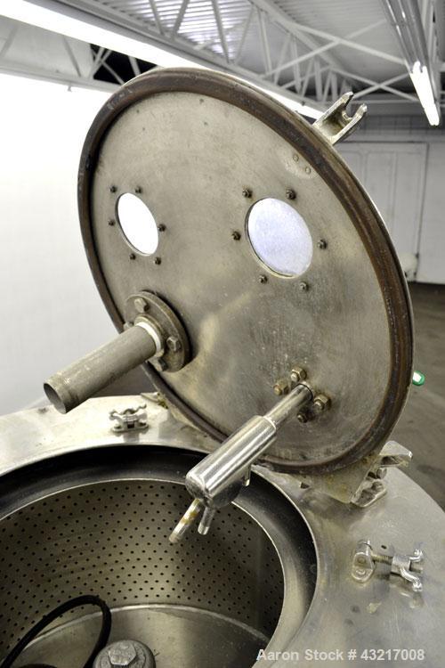 Used Tolhurst 30" x 17" Perforated Basket Centrifuge. 316 Stainless steel construction on product contact areas. Approximate maximum bowl speed 1360 RPM, top load, top unload, tri-pod suspension syst...