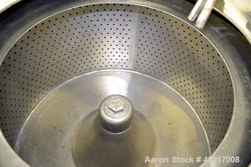 Used Tolhurst 30" x 17" Perforated Basket Centrifuge. 316 Stainless steel construction on product contact areas. Approximate maximum bowl speed 1360 RPM, top load, top unload, tri-pod suspension syst...
