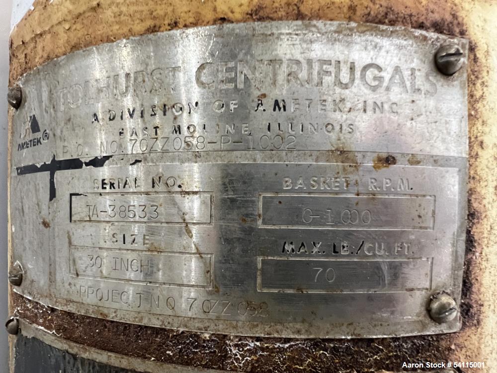 Used Tolhurst 30” Basket Centrifuge | Top Unload | 0–1000 RPM | Stainless Steel | Hydraulic Drive | 7.5 HP Motor