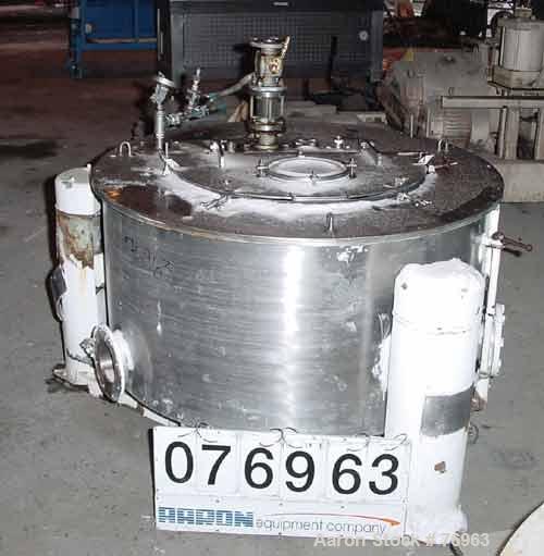 Used Tolhurst 48" x 20" Centerslung Perforated Basket Centrifuge. 316 Stainless steel construction on product contact areas. Top load, top unload, tripod suspension system, basket rated at 82 lbs per...