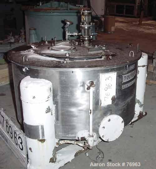 Used Tolhurst 48" x 20" Centerslung Perforated Basket Centrifuge. 316 Stainless steel construction on product contact areas. Top load, top unload, tripod suspension system, basket rated at 82 lbs per...