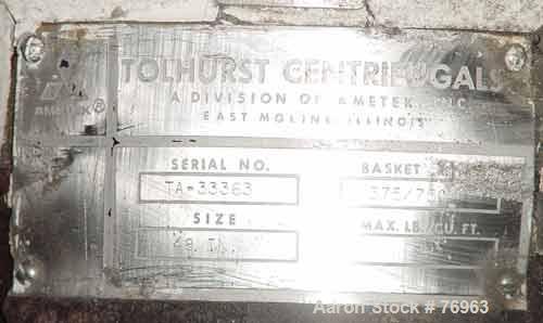 Used Tolhurst 48" x 20" Centerslung Perforated Basket Centrifuge. 316 Stainless steel construction on product contact areas. Top load, top unload, tripod suspension system, basket rated at 82 lbs per...