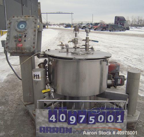 Used Western States 26" x 12" Perforated Basket Centrifuge. 316 stainless steel construction (product contact areas), top load, top unload. Maximum bowl speed 1900 rpm, basket solids capacity 94 poun...