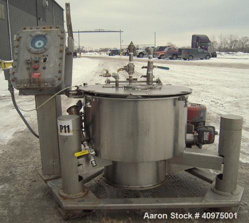 Used Western States 26" x 12" Perforated Basket Centrifuge. 316 stainless steel construction (product contact areas), top load, top unload. Maximum bowl speed 1900 rpm, basket solids capacity 94 poun...
