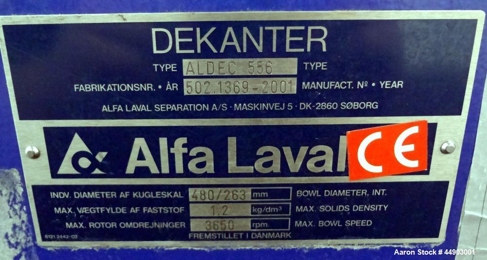 Used Alfa Laval Aldec 556 Solid Bowl Decanter Centrifuge.(PARTS MACHINE) 2205 Stainless steel (product contact areas). Maximum bowl speed 3650 rpm, 152mm single lead conveyor with hardfacing, diamete...