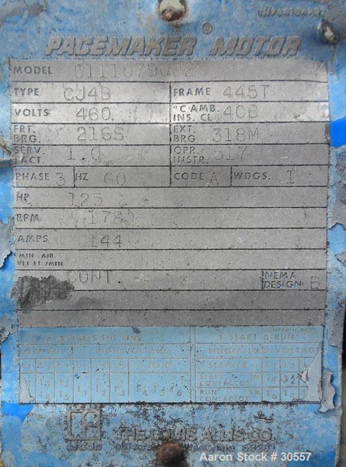 Used Pacemaker Centrifuge Motor, Model 5111079002, Type CJ4B. 125 hp, 3/60/460 volt, 1785 rpm, frame 445T. 16" diameter x 8 groove drive pulley.