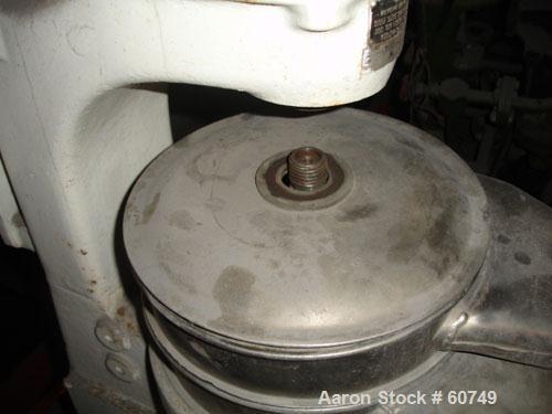 USED: Parts for a Sharples AS-14 vertical tubular bowl centrifuge consisting of a 304 stainless steel clarifier bowl, cover (has 2 discharge spouts) and 1.5 hp (xp) 230/460 volt drive motor. Approxim...