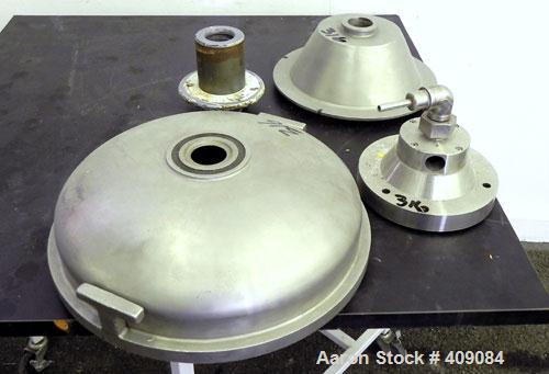 Used Sharples AS 26 Centrifuge Parts. Consisting of: (1) AS 26 bowl assembly, custom 450 stainless steel. Clarifier design. (1) Barrel housing (1) lower drag, and (1) 316 stainless steel cover.