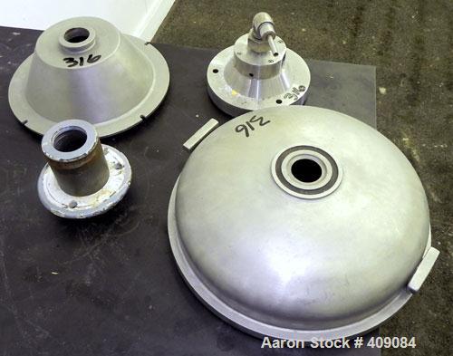 Used Sharples AS 26 Centrifuge Parts. Consisting of: (1) AS 26 bowl assembly, custom 450 stainless steel. Clarifier design. (1) Barrel housing (1) lower drag, and (1) 316 stainless steel cover.