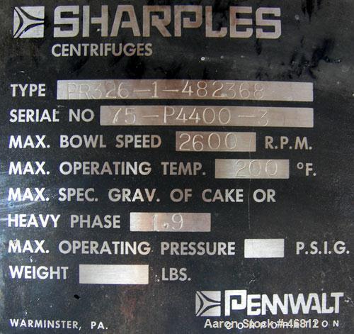 Used UNUSED: Sharples P-4400 vertical Super-D-Canter centrifuge casing, type PR326-1-482368. Includes a bearing, 40 hp, 3/60/460 volt, 3490 rpm main drive motor, and a hydraulic lube panel.
