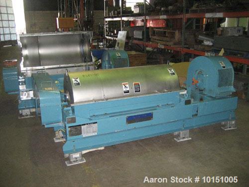 Used Alfa Laval P-3400U Super-D-Canter centrifuge. Stainless steel construction on product contact areas, max bowl speed 4000 rpm, 4.25" single lead conveyor with STC wear protection tiles, base casi...