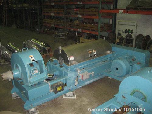 Used Alfa Laval P-3400U Super-D-Canter centrifuge. Stainless steel construction on product contact areas, max bowl speed 4000 rpm, 4.25" single lead conveyor with STC wear protection tiles, base casi...