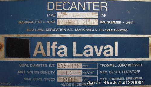 Used Alfa Laval Solid Bowl Decanter Centrifuge, Model ALDEC 606. 2205 stainless steel (product contact areas), maximum bowl speed 2900 rpm. 8" single lead with sintered tungsten caribide wear protect...