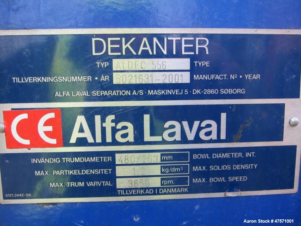 Used Alfa Laval Aldec 556 Solid Bowl Decanter Centrifuge.(PARTS MACHINE) 2205 Stainless steel (product contact areas). Maximum bowl speed 3650 rpm, 152mm single lead conveyor with hardfacing, diamete...