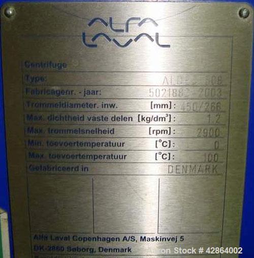 Used Alfa Laval Aldec 508 Solid Bowl Decanter Centrifuge, 316 stainless steel construction (product contact areas), maximum bowl speed 2900 rpm, single row of lined cake discharge ports, liquid plate...