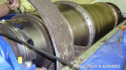 Used Alfa Laval Aldec 508 Solid Bowl Decanter Centrifuge, 316 stainless steel construction (product contact areas), maximum bowl speed 2900 rpm, single row of lined cake discharge ports, liquid plate...