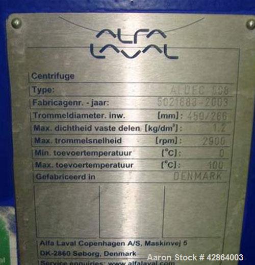 Used Alfa Laval Aldec 508 Solid Bowl Decanter Centrifuge, 316 stainless steel construction (product contact areas), maximum bowl speed 2900 rpm, single row of lined cake discharge ports, liquid plate...