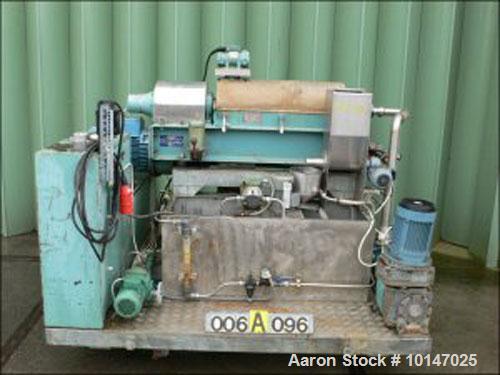 Used Alfa Laval AVNX-309B-31 solid bowl decanter centrifuge, stainless steel drum diameter 9" (230 mm), screw length 29.5" (750 mm), Netzsch pump NE-50 inlet, 15 hp/11 kW 380/50 motor, 4200 rpm, over...