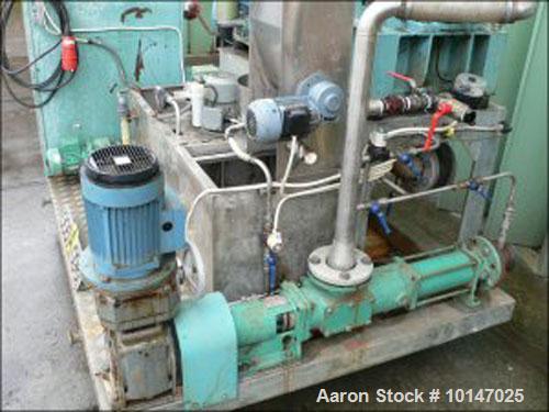 Used Alfa Laval AVNX-309B-31 solid bowl decanter centrifuge, stainless steel drum diameter 9" (230 mm), screw length 29.5" (750 mm), Netzsch pump NE-50 inlet, 15 hp/11 kW 380/50 motor, 4200 rpm, over...