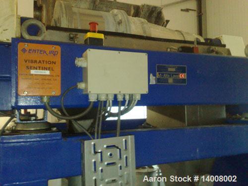 Used Alfa Laval AVNX4030 Solid Bowl Decanter Centrifuge. Max bowl speed 4000 rpm, 316 stainless steel construction on product contact areas, single row of solids discharge ports, single lead conveyor...
