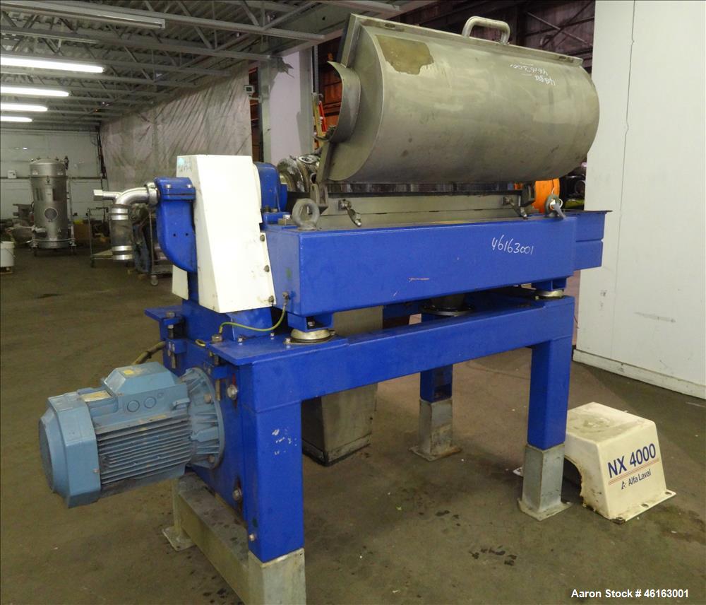 Used Alfa Laval AVNX-4030 Decanter Centrifuge. 316 Stainless steel construction (product contact areas), maximum bowl speed 4,000 rpm, single lead conveyor with welded hardfacing, single row of cake ...