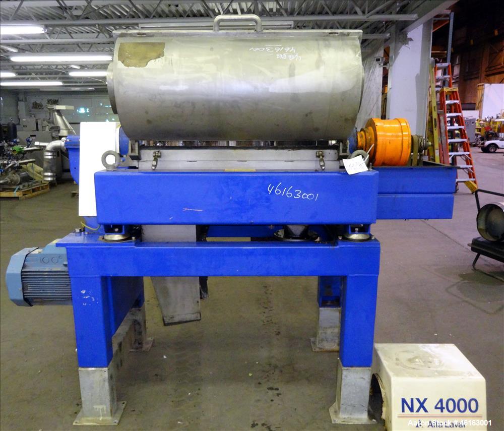Used Alfa Laval AVNX-4030 Decanter Centrifuge. 316 Stainless steel construction (product contact areas), maximum bowl speed 4,000 rpm, single lead conveyor with welded hardfacing, single row of cake ...
