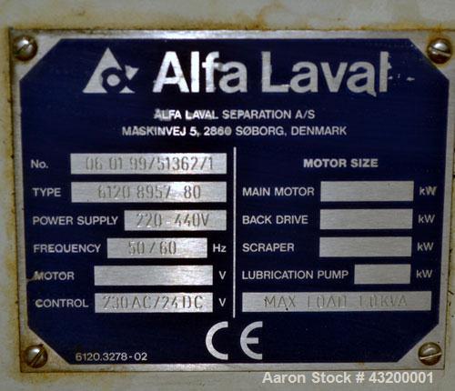 Alfa Laval Decanter AVNX- 4050 Solid Bowl Decanter Centrifuge. 316 Stainless steel construction (product contact areas), maximum bowl speed 4000 rpm, 110 mm single lead conveyor, single row of lined ...