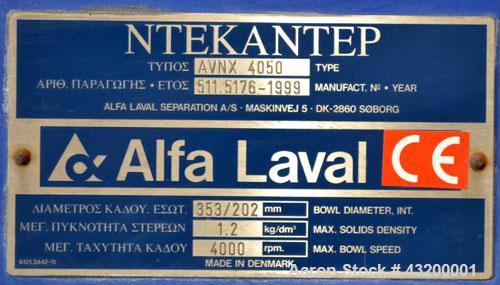 Alfa Laval Decanter AVNX- 4050 Solid Bowl Decanter Centrifuge. 316 Stainless steel construction (product contact areas), maximum bowl speed 4000 rpm, 110 mm single lead conveyor, single row of lined ...