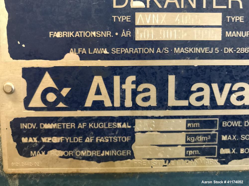 Used Alfa Laval AVNX 4055 Solid Bowl Decanter Centrifuge — 30 kW Motor, 3250 RPM
