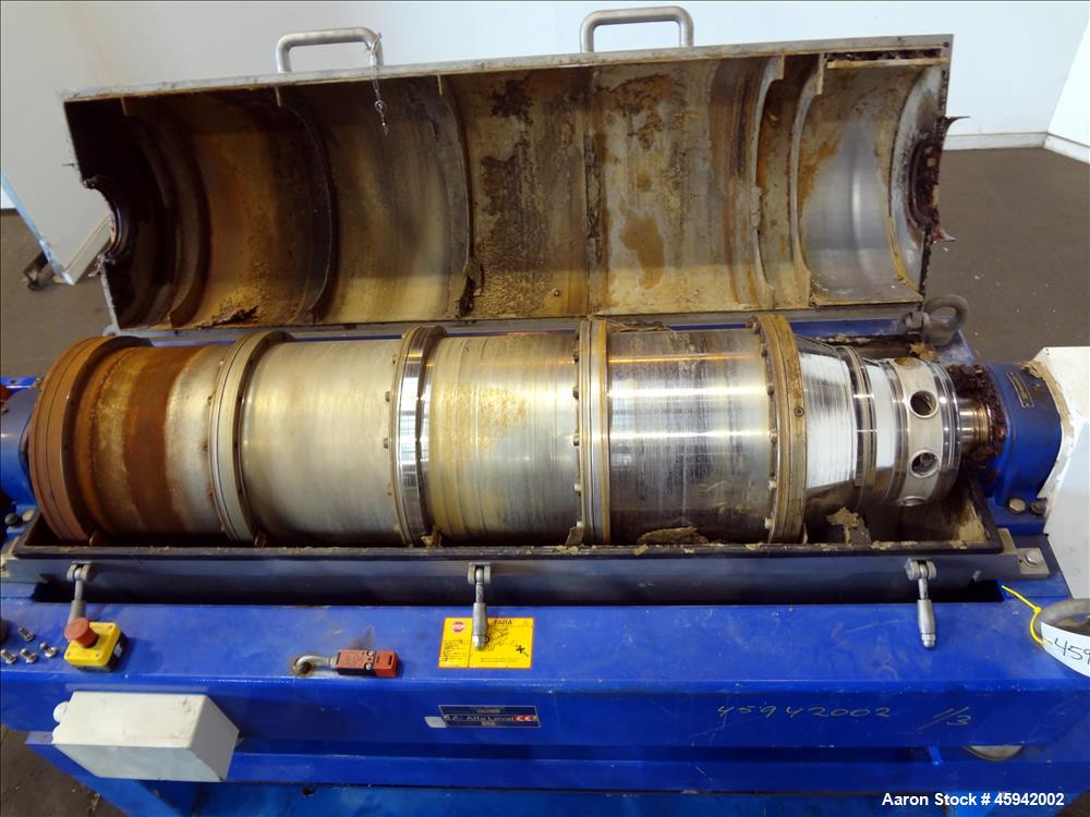Used Alfa Laval NX-4055 Solid Bowl Decanter Centrifuge, 316 Stainless Steel Construction (product contact areas). Maximum bowl speed 4,000 rpm, 110 mm single lead conveyor with welded hard facing, si...