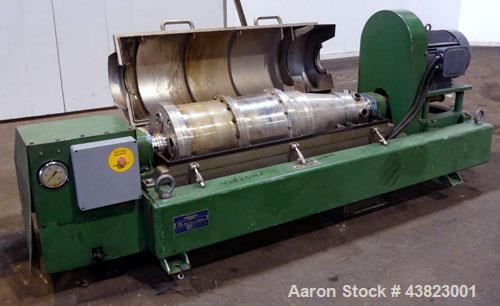 Used Alfa Laval AVNX-416B-31G solid bowl decanter Centrifuge, Stainless steel construction on product contact areas. Maximum bowl speed 3250 rpm, 18.5Kw/380-660volt/50 cycle single row of lined cake ...