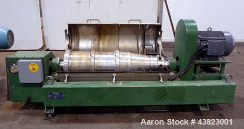Used Alfa Laval AVNX-416B-31G solid bowl decanter Centrifuge, Stainless steel construction on product contact areas. Maximum bowl speed 3250 rpm, 18.5Kw/380-660volt/50 cycle single row of lined cake ...