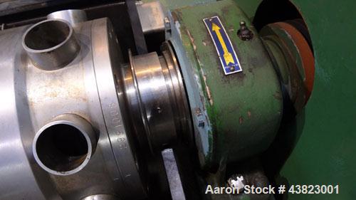 Used Alfa Laval AVNX-416B-31G solid bowl decanter Centrifuge, Stainless steel construction on product contact areas. Maximum bowl speed 3250 rpm, 18.5Kw/380-660volt/50 cycle single row of lined cake ...