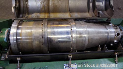 Used Alfa Laval AVNX-416B-31G solid bowl decanter Centrifuge, Stainless steel construction on product contact areas. Maximum bowl speed 3250 rpm, 18.5Kw/380-660volt/50 cycle single row of lined cake ...