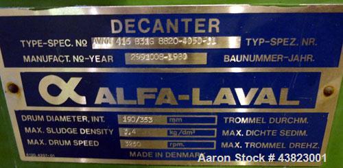 Used Alfa Laval AVNX-416B-31G solid bowl decanter Centrifuge, Stainless steel construction on product contact areas. Maximum bowl speed 3250 rpm, 18.5Kw/380-660volt/50 cycle single row of lined cake ...