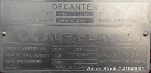 Used Alfa Laval AVNX-418-31G Solid Bowl Decanter Centrifuge, 316 Stainless Steel (product contact areas). maximum bowl speed 4000 rpm, 110mm single lead conveyor with sintered tungsten carbide wear p...