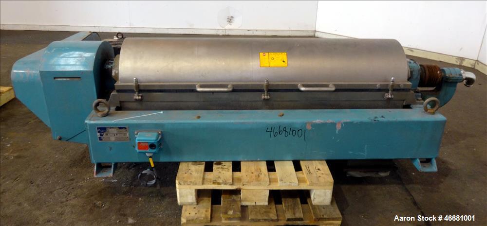 Used Alfa Laval AVNX-418B-31G Solid Bowl Decanter Centrifuge. 316 Stainless steel construction (product contact areas), 110mm single lead conveyor with welded hard facing, double row of lined cake di...