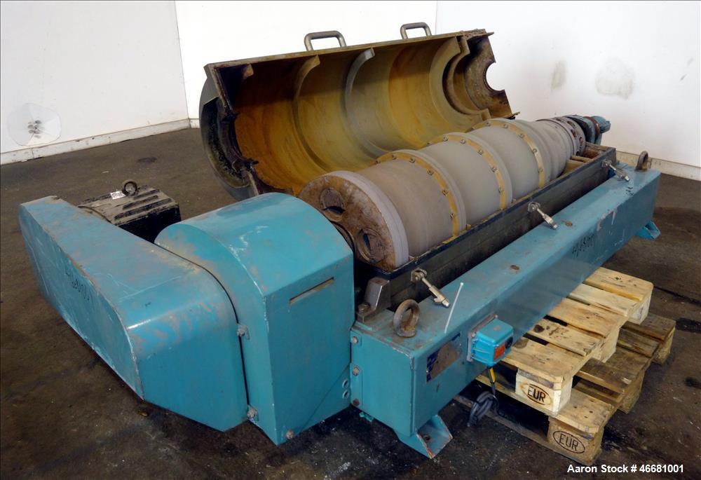 Used Alfa Laval AVNX-418B-31G Solid Bowl Decanter Centrifuge. 316 Stainless steel construction (product contact areas), 110mm single lead conveyor with welded hard facing, double row of lined cake di...
