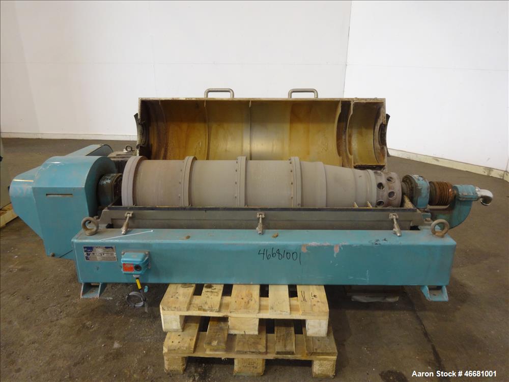 Used Alfa Laval AVNX-418B-31G Solid Bowl Decanter Centrifuge. 316 Stainless steel construction (product contact areas), 110mm single lead conveyor with welded hard facing, double row of lined cake di...