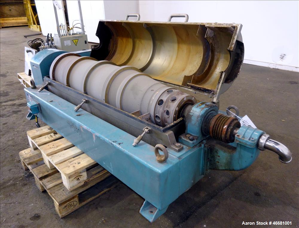 Used Alfa Laval AVNX-418B-31G Solid Bowl Decanter Centrifuge. 316 Stainless steel construction (product contact areas), 110mm single lead conveyor with welded hard facing, double row of lined cake di...
