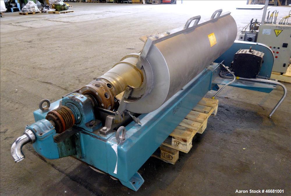 Used Alfa Laval AVNX-418B-31G Solid Bowl Decanter Centrifuge. 316 Stainless steel construction (product contact areas), 110mm single lead conveyor with welded hard facing, double row of lined cake di...